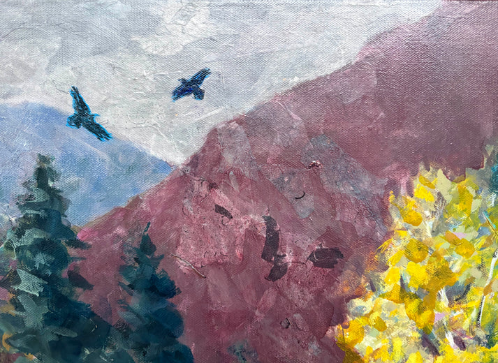 High in the Mountains the Ravens Play by Melissa Gannon |   Closeup View of Artwork 