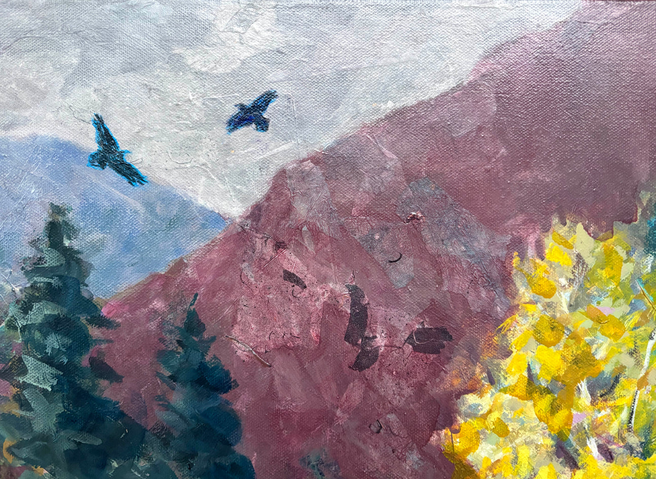 High in the Mountains the Ravens Play by Melissa Gannon |  Closeup View of Artwork 