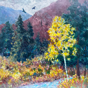 mixed media artwork by Melissa Gannon titled High in the Mountains the Ravens Play