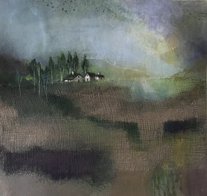 mixed media artwork by Mena Malgavkar titled 3 Cottages