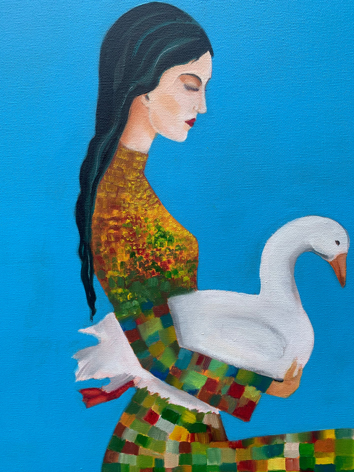 The Keeper of Geese by Mikhail Zuyeu |  Closeup View of Artwork 