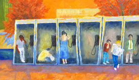 Original art for sale at UGallery.com | Phone Booths by Mitchell Freifeld | $475 | oil painting | 15' h x 25' w | thumbnail 1