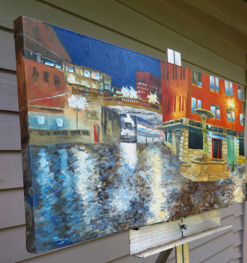 Rainy Night in Old Town by Mitchell Freifeld |  Side View of Artwork 