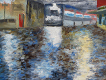 Original art for sale at UGallery.com | Rainy Night in Old Town by Mitchell Freifeld | $1,275 | oil painting | 20' h x 40' w | thumbnail 4