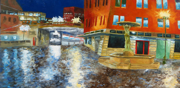 oil painting by Mitchell Freifeld titled Rainy Night in Old Town