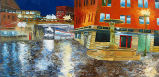 Original art for sale at UGallery.com | Rainy Night in Old Town by Mitchell Freifeld | $1,275 | oil painting | 20' h x 40' w | thumbnail 1