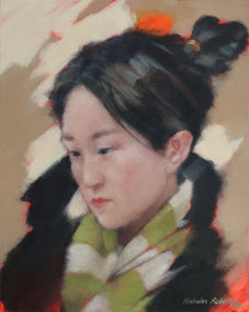 acrylic painting by Nicholas Robertson titled Girl with a Plaid Scarf