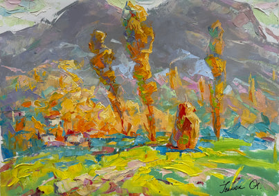 oil painting by Oleksiy Ivanyuk titled Morning in the Carpathians