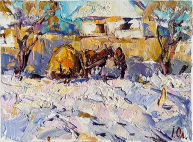 oil painting by Oleksiy Ivanyuk titled Winter Day in the Village