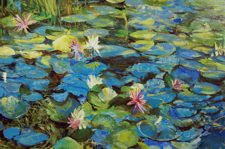 Mixed Water Lilies Spotted Sunlight by Onelio Marrero |   Closeup View of Artwork 