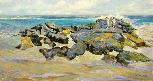 oil painting by Onelio Marrero titled Children on a Jetty