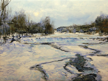 oil painting by Onelio Marrero titled Frozen Weir on the Rockaway River