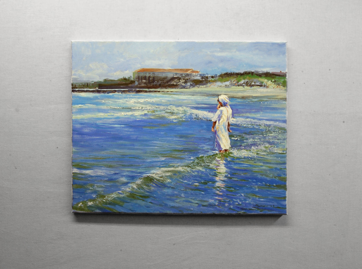 Hasidic Mother And Child In The Surf by Onelio Marrero |  Context View of Artwork 