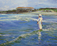 Original art for sale at UGallery.com | Hasidic Mother And Child In The Surf by Onelio Marrero | $1,025 | oil painting | 16' h x 20' w | thumbnail 1