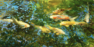 Original art for sale at UGallery.com | Hungry Koi by Onelio Marrero | $875 | oil painting | 12' h x 24' w | thumbnail 1