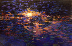 Original art for sale at UGallery.com | Last Light on the Water Lilies by Onelio Marrero | $2,575 | oil painting | 28' h x 44' w | thumbnail 1