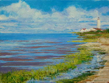 oil painting by Onelio Marrero titled Lynde Point Saybrook Lighthouse