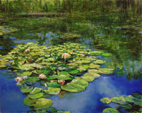 Original art for sale at UGallery.com | Pink Water Lilies: August by Onelio Marrero | $2,000 | oil painting | 24' h x 30' w | thumbnail 1
