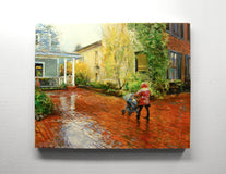 Original art for sale at UGallery.com | Rainy Stroll Homecoming by Onelio Marrero | $1,225 | oil painting | 20' h x 24' w | thumbnail 3