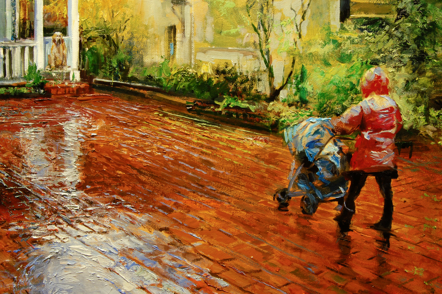 Rainy Stroll Homecoming by Onelio Marrero |  Closeup View of Artwork 