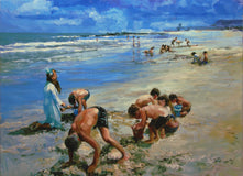 Original art for sale at UGallery.com | Sand Crab Competition by Onelio Marrero | $1,150 | oil painting | 18' h x 24' w | thumbnail 1