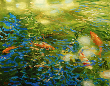 oil painting by Onelio Marrero titled Sun Dappled Koi