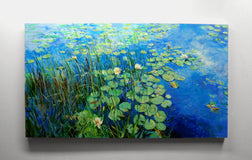 Original art for sale at UGallery.com | Water Lilies and Reeds, Hepner Pond by Onelio Marrero | $2,575 | oil painting | 26' h x 46' w | thumbnail 3