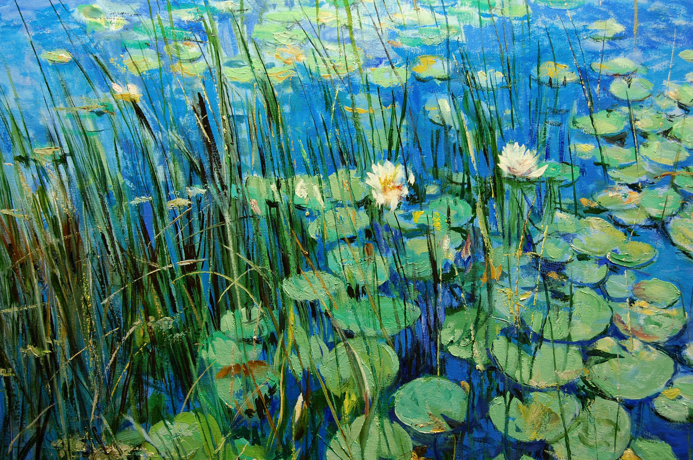 Water Lilies and Reeds, Hepner Pond by Onelio Marrero |  Closeup View of Artwork 