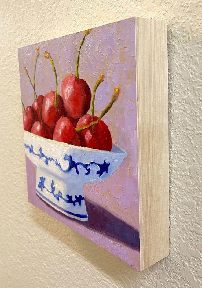 Blue and White Bowl with Cherries by Pat Doherty |  Side View of Artwork 