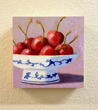 Original art for sale at UGallery.com | Blue and White Bowl with Cherries by Pat Doherty | $400 | oil painting | 8' h x 8' w | thumbnail 3