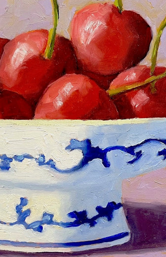 Blue and White Bowl with Cherries by Pat Doherty |   Closeup View of Artwork 