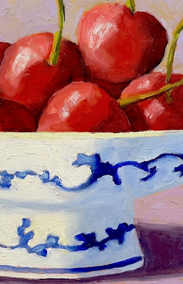 Blue and White Bowl with Cherries by Pat Doherty |  Closeup View of Artwork 