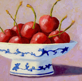 oil painting by Pat Doherty titled Blue and White Bowl with Cherries