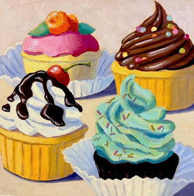 Original art for sale at UGallery.com | Four Cupcakes by Pat Doherty | $575 | oil painting | 12' h x 12' w