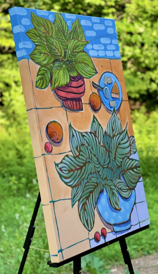 Apps on the Patio with Hostas by Peg Belcastro |  Side View of Artwork 