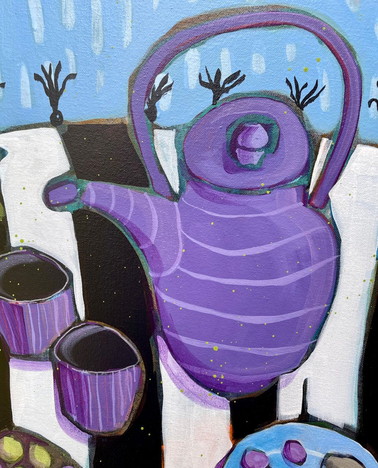 Rainy Day Tea Party by Peg Belcastro |  Closeup View of Artwork 