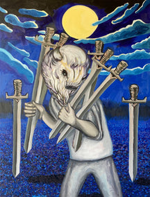 oil painting by Rachel Srinivasan titled Seven of Swords