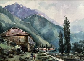 Original art for sale at UGallery.com | Brown House by Rashid Kulbatyrov | $375 | watercolor painting | 10.6' h x 15.7' w