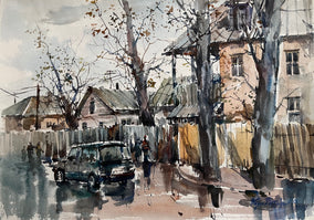 Original art for sale at UGallery.com | Neighbor's Car by Rashid Kulbatyrov | $375 | watercolor painting | 10.6' h x 15.7' w
