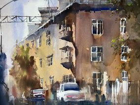Original art for sale at UGallery.com | Three-storey House by Rashid Kulbatyrov | $1,075 | watercolor painting | 18.8' h x 27.5' w