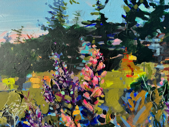 Lilac and Pines by Rebecca Klementovich |   Closeup View of Artwork 