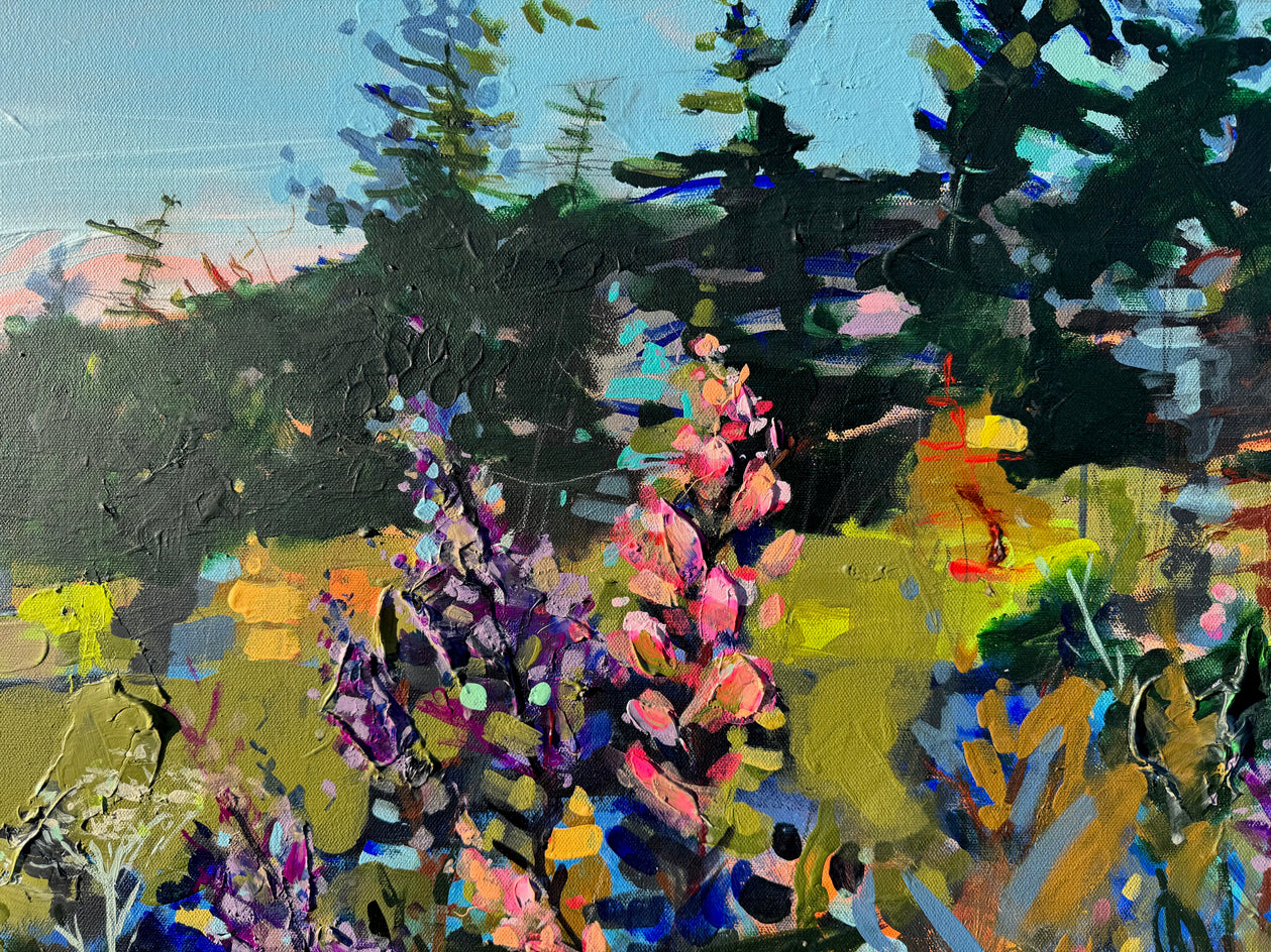 Lilac and Pines by Rebecca Klementovich |  Closeup View of Artwork 