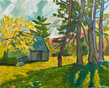 acrylic painting by Robert Hofherr titled Barn in Spring