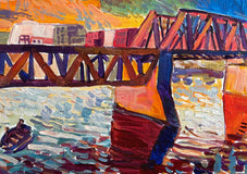 Original art for sale at UGallery.com | Bridge at Sundown by Robert Hofherr | $1,150 | acrylic painting | 18' h x 36' w | thumbnail 4