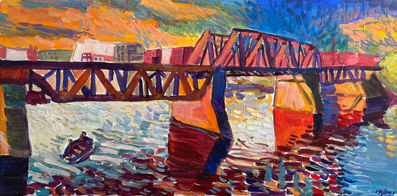 acrylic painting by Robert Hofherr titled Bridge at Sundown