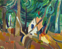 Original art for sale at UGallery.com | Cottage in a Wood by Robert Hofherr | $1,125 | acrylic painting | 22' h x 28' w | thumbnail 1