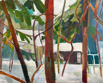 acrylic painting by Robert Hofherr titled Snowy Rooflines