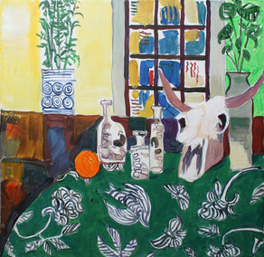 acrylic painting by Robert Hofherr titled Still Life with Cow Skull