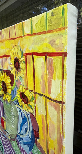 Sunflowers in a Pitcher by Robert Hofherr |  Side View of Artwork 