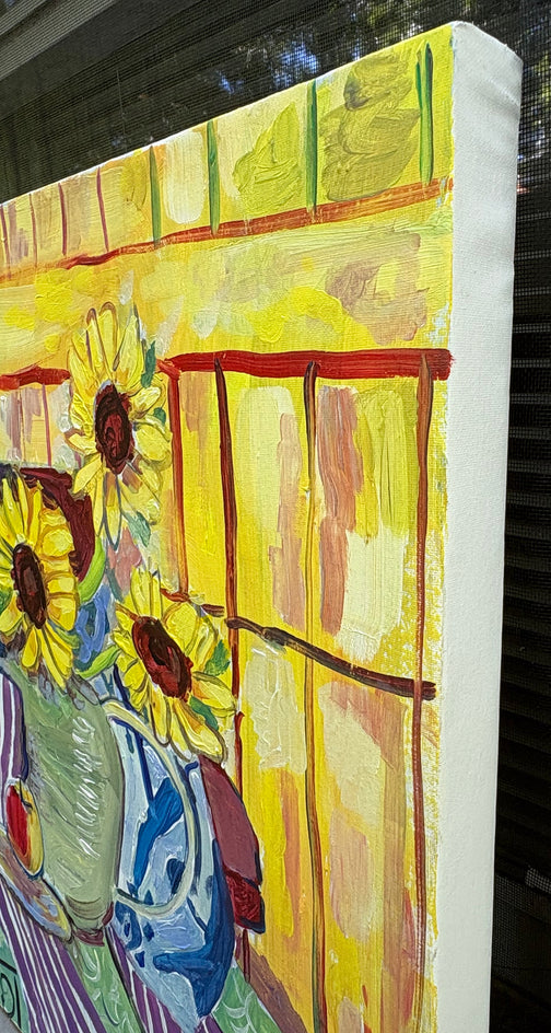 Sunflowers in a Pitcher by Robert Hofherr |  Side View of Artwork 